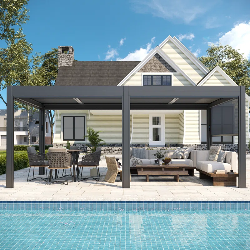 Outdoor Pergola with LED Lights, Aluminum Gazebo with Motorized Louvers & Side Screens for Patio, Backyard