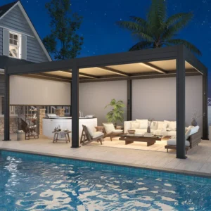 Outdoor Pergola with LED Lights, Aluminum Gazebo with Motorized Louvers & Side Screens for Patio