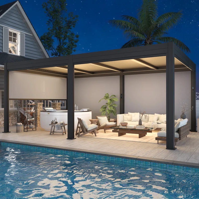 Outdoor Pergola with LED Lights, Aluminum Gazebo with Motorized Louvers & Side Screens for Patio